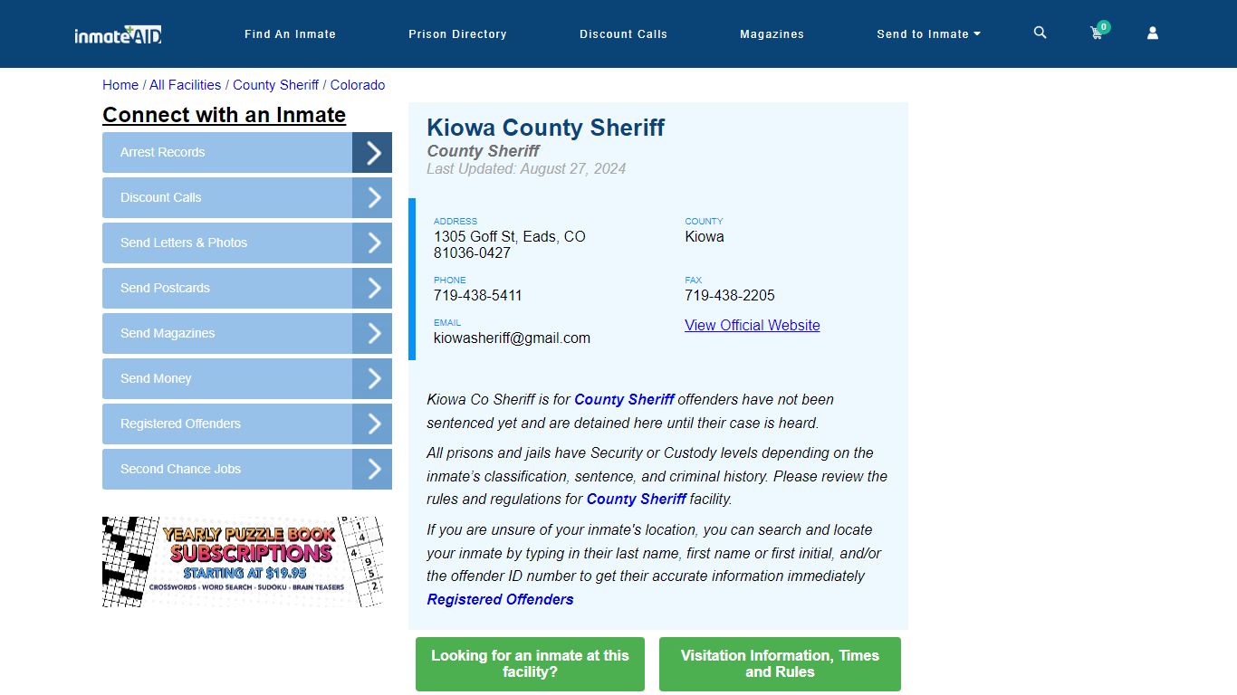 Kiowa County Sheriff & Arrest Search - InmateAid